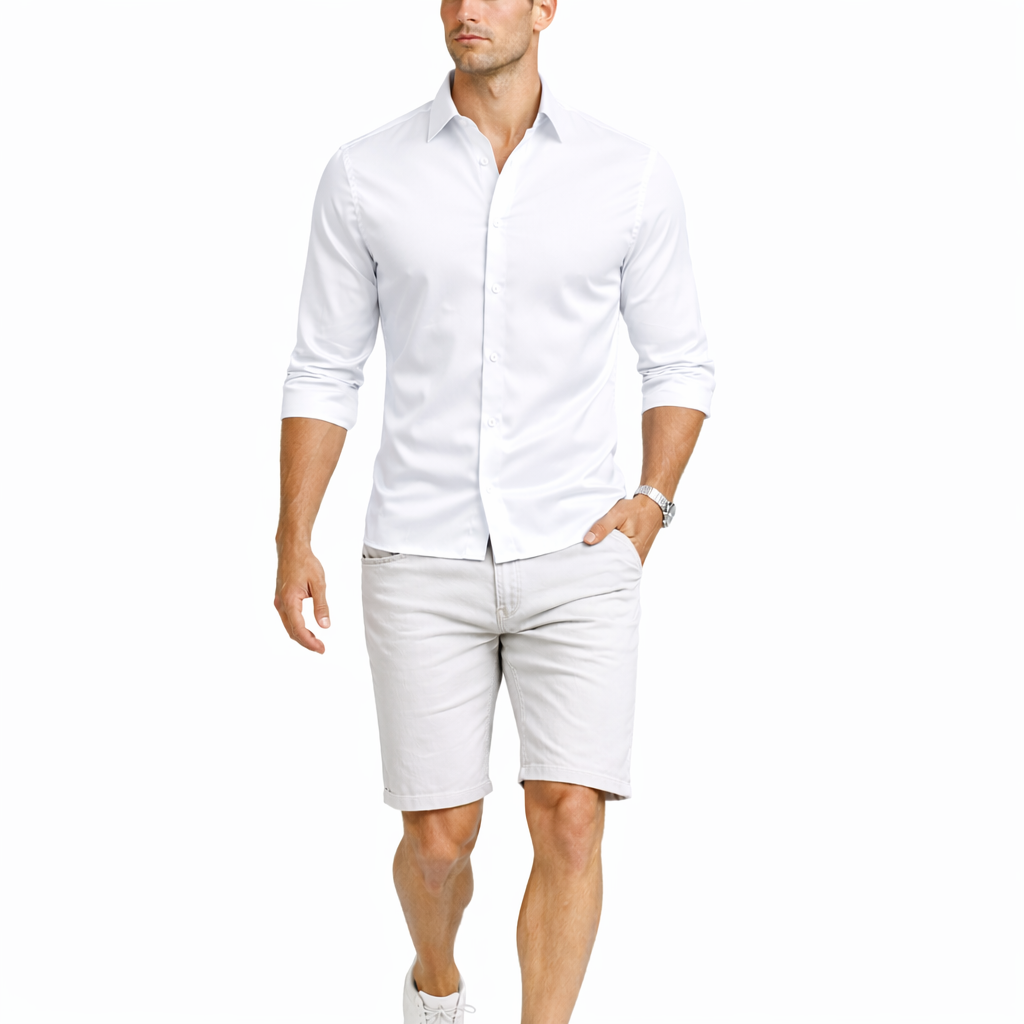 Set Satén & Denim Stretch Premium | Camisa Alta Gama + Bermuda Técnica Casa Prime