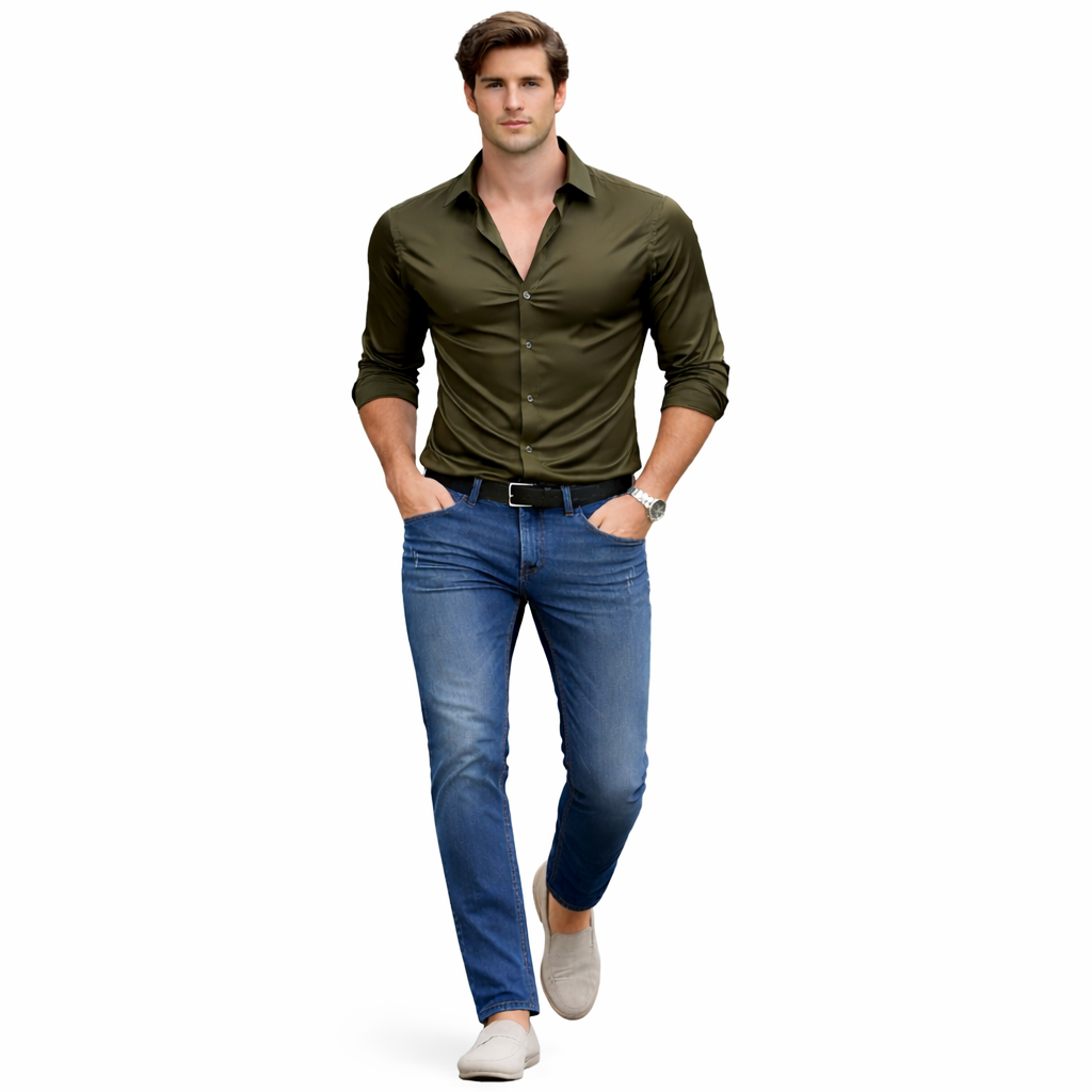 Conjunto Premium Camisa Satén Verde Oliva + Jean Stretch Azul