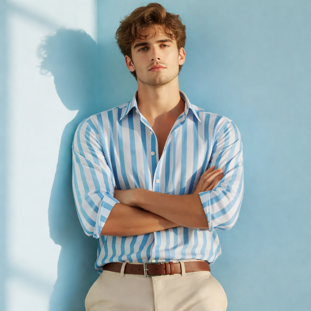 Conjunto Riviera Celeste – Camisa Rayas Premium + Pantalón Beige Slim Fit