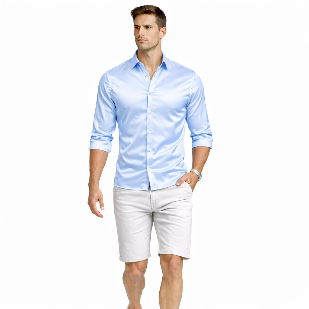Set Satén & Denim Stretch Premium | Camisa Alta Gama + Bermuda Técnica Casa Prime
