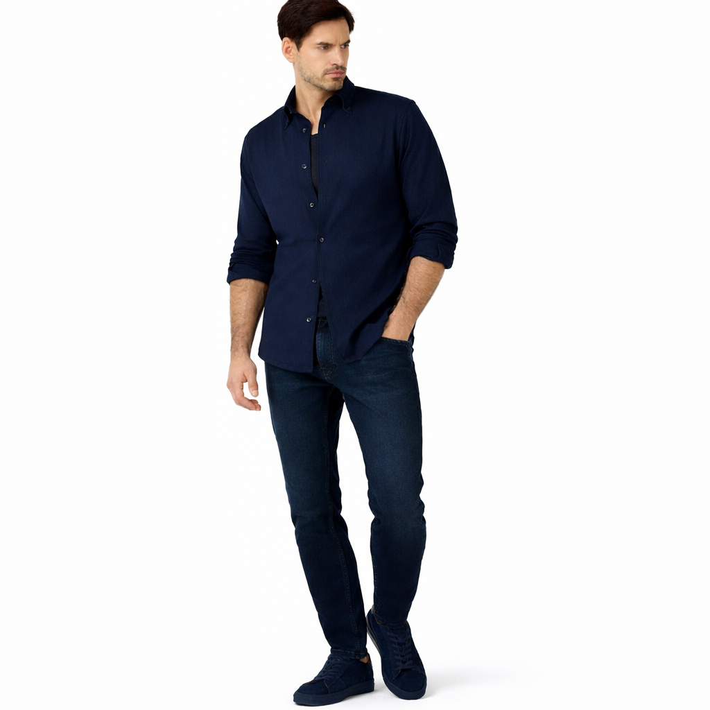 Conjunto Azul Marino · Camisa de Algodón Satén + Jean Stretch