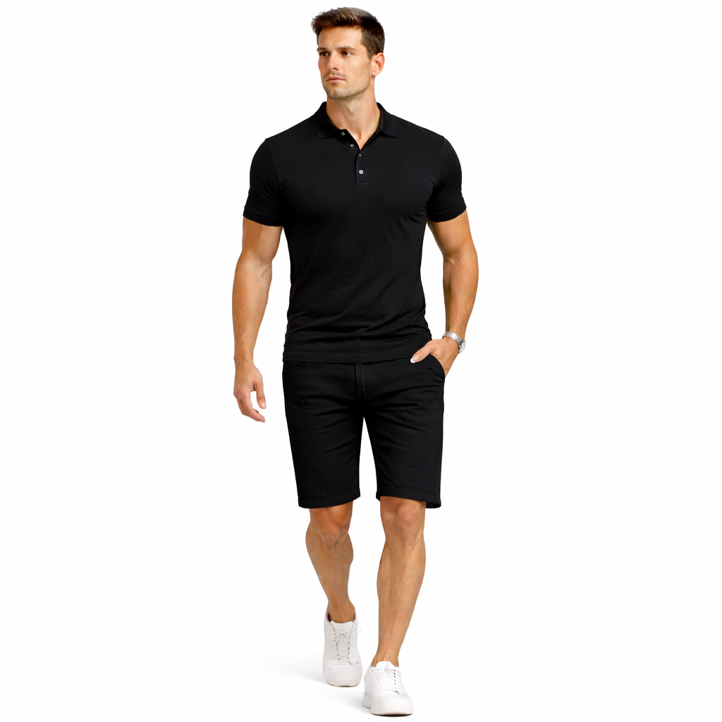 Conjunto Negro Premium | Polo de Algodón + Bermuda Jean Stretch – Casa Prime