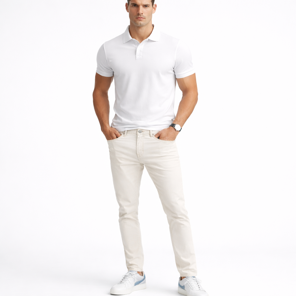 Conjunto Polo Pima Blanco + Jean Stretch Beige