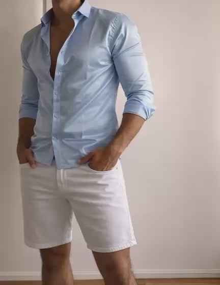 Set Satén & Denim Stretch Premium | Camisa Alta Gama + Bermuda Técnica Casa Prime